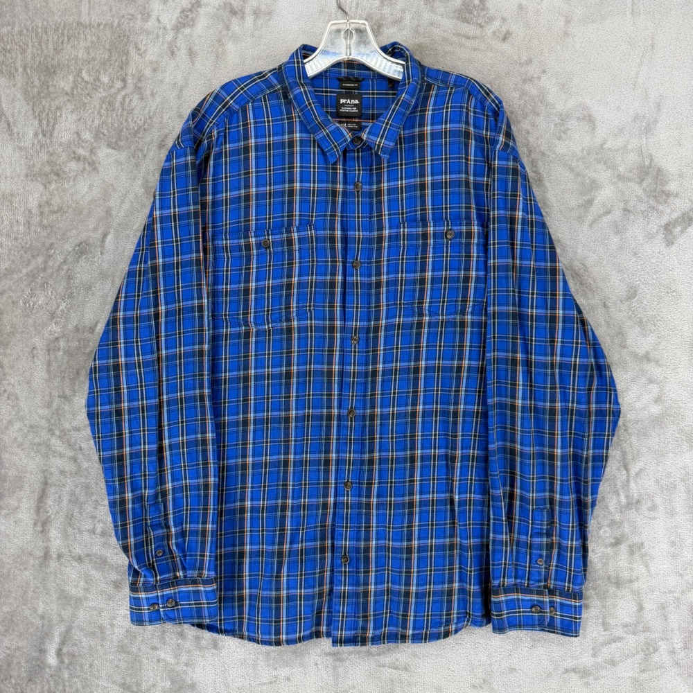 PrAna Mens XXL Blue‎ Plaid Organic Cotton Flannel Button Down Shirt 1964361